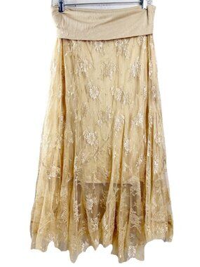 VTG Surrealist Sz 4 (Large 12/14) Champagne Gold Floral Lace 33" Maxi Skirt EUC